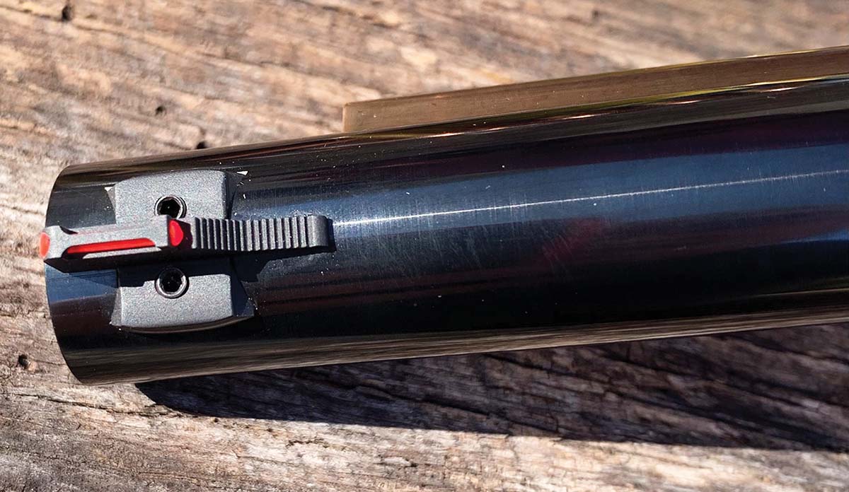 The front sight was made by RW Grip Frames using a high-tech red fiber optic sight and is dovetailed with two Allen screws.